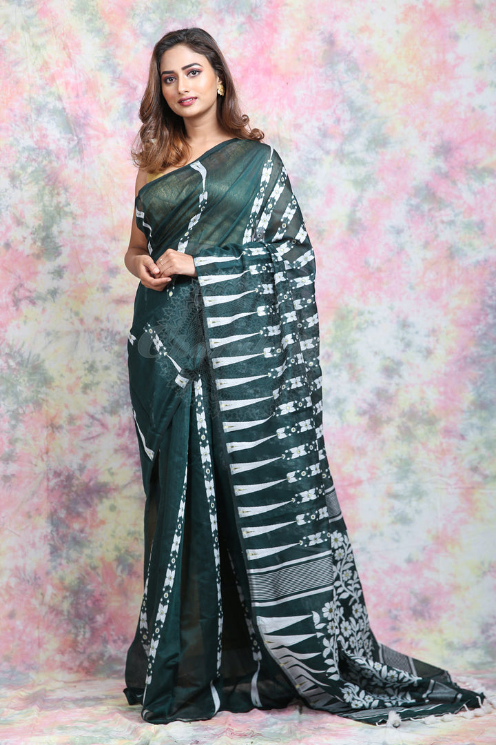 Pine Green Jamdani With White Thread Weaving Saree And Jhumka Pompom freeshipping - Charukriti