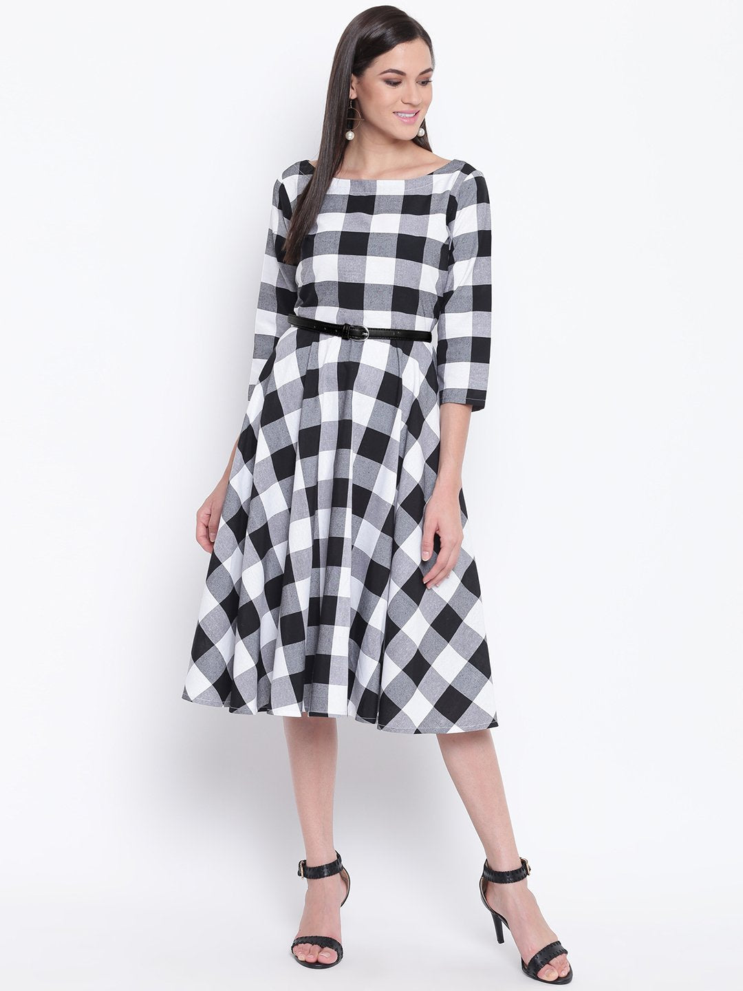 Black and white big check fit and flare dress belt not included-Dresses-Fabnest