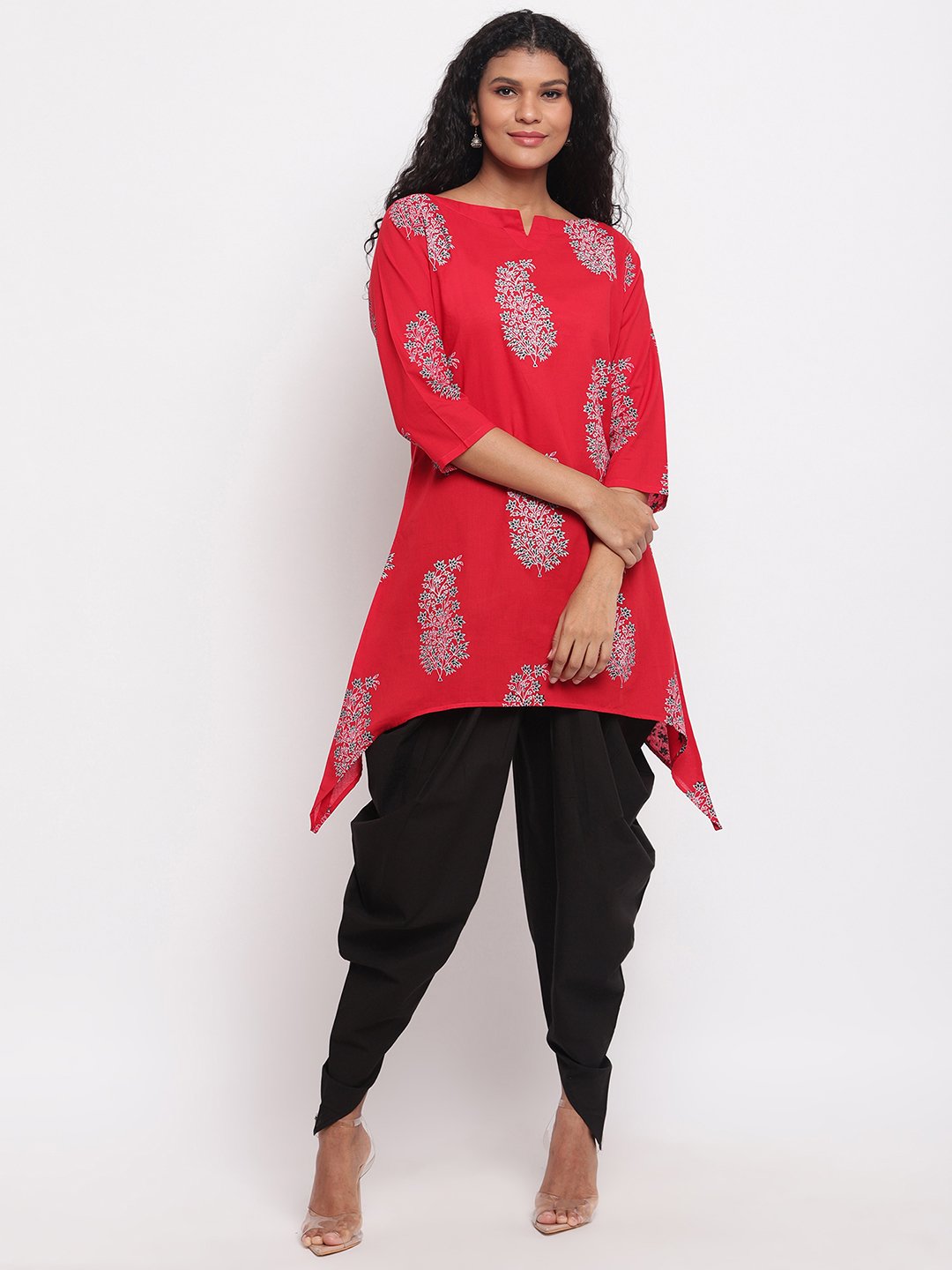Asymmetrical hem red printed cotton kurta with black cotton dhoti salwar-Kurta Set-Fabnest