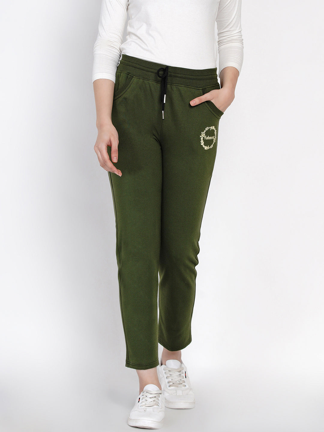 Winter Solid Olive Green Printed Fleece Track Pants-Track Pants-Fabnest