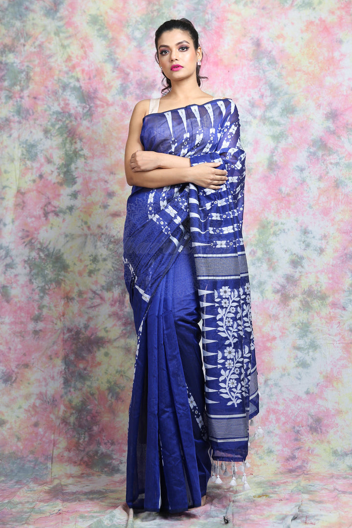 Blue Jamdani With White Thread Weaving Saree And Jhumka Pompom freeshipping - Charukriti