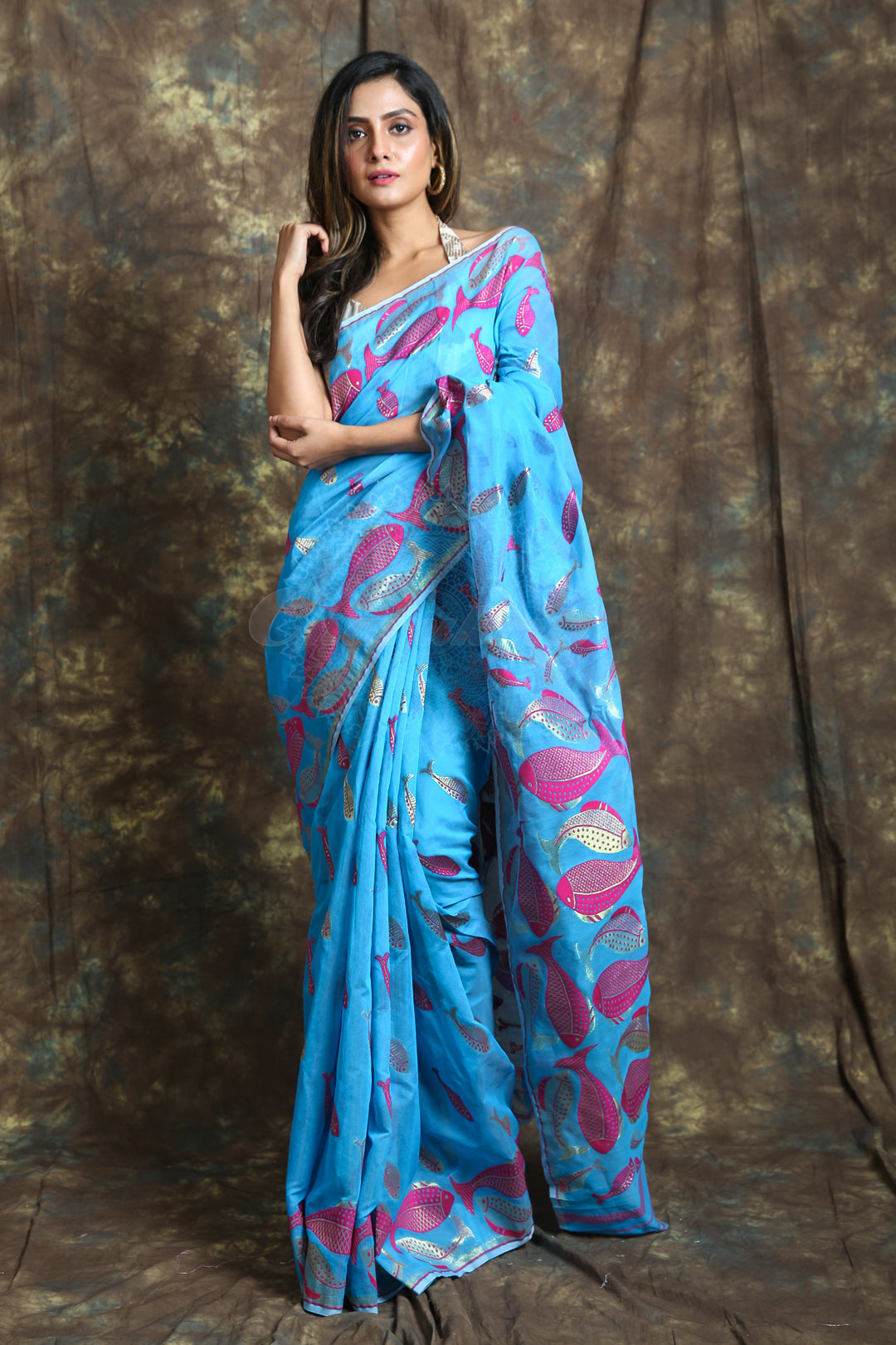 The Azure Blue Color Saree Is Crafted With Pink & Copper Zari Fish Motive Work All Over The Body And Pallu - Charukriti.co.in