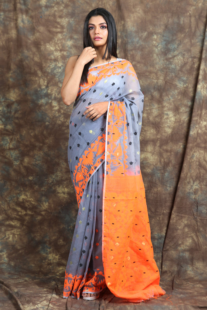 Allover Butta Weaving Steel Grey Jamdani Saree freeshipping - Charukriti