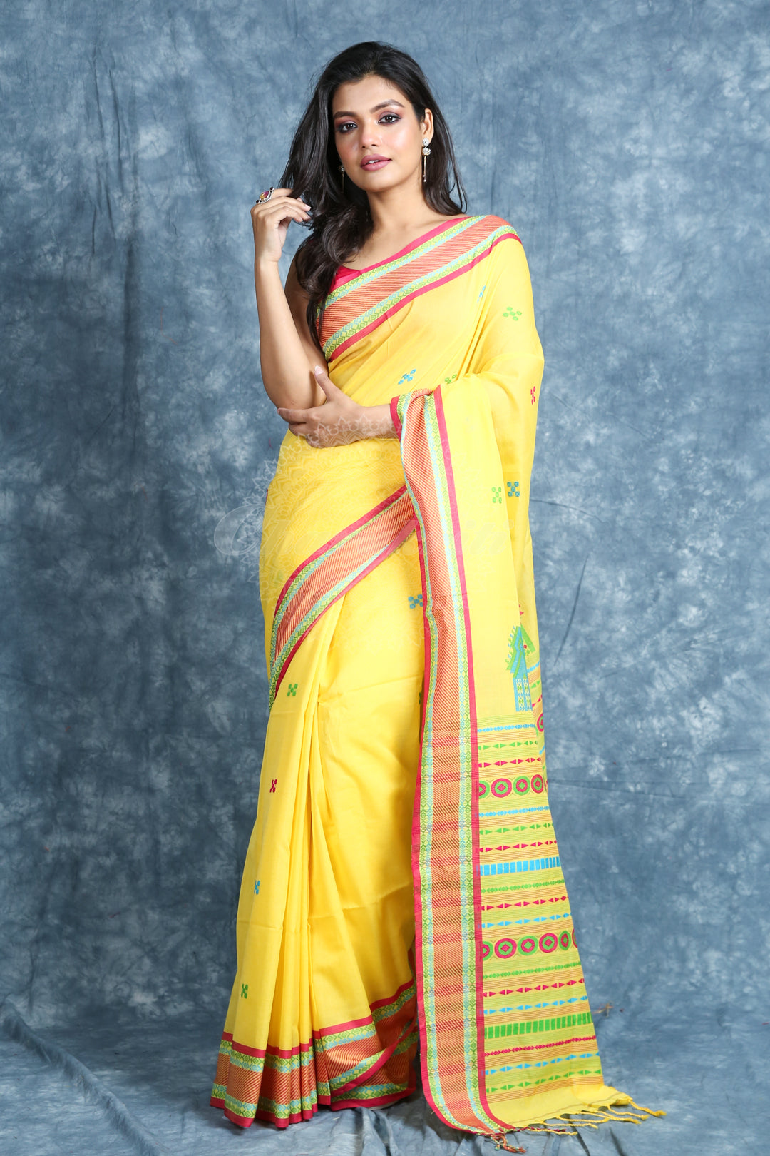 Yellow Cotton Saree With Thread Work Border & Pallu freeshipping - Charukriti