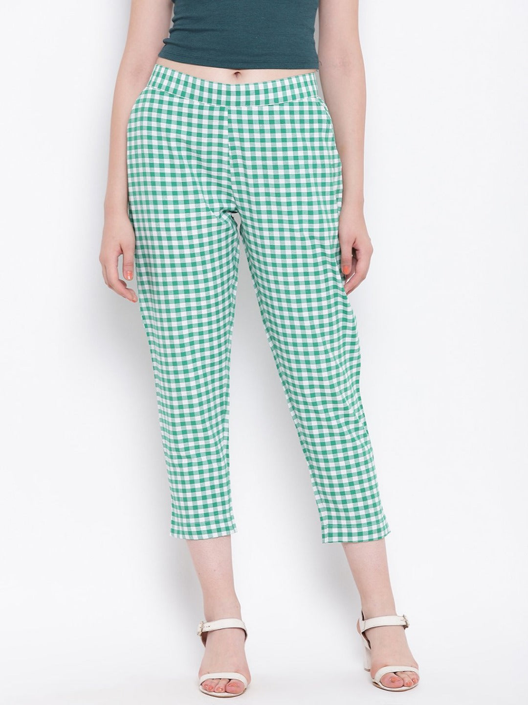 Handloom cotton green and white check pants-Bottoms-Fabnest