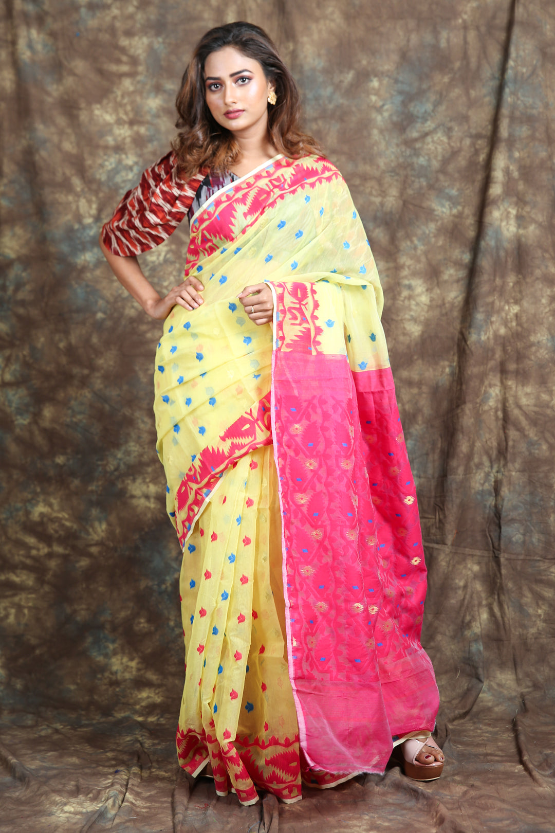 Allover Butta Weaving Yellow Jamdani Saree freeshipping - Charukriti