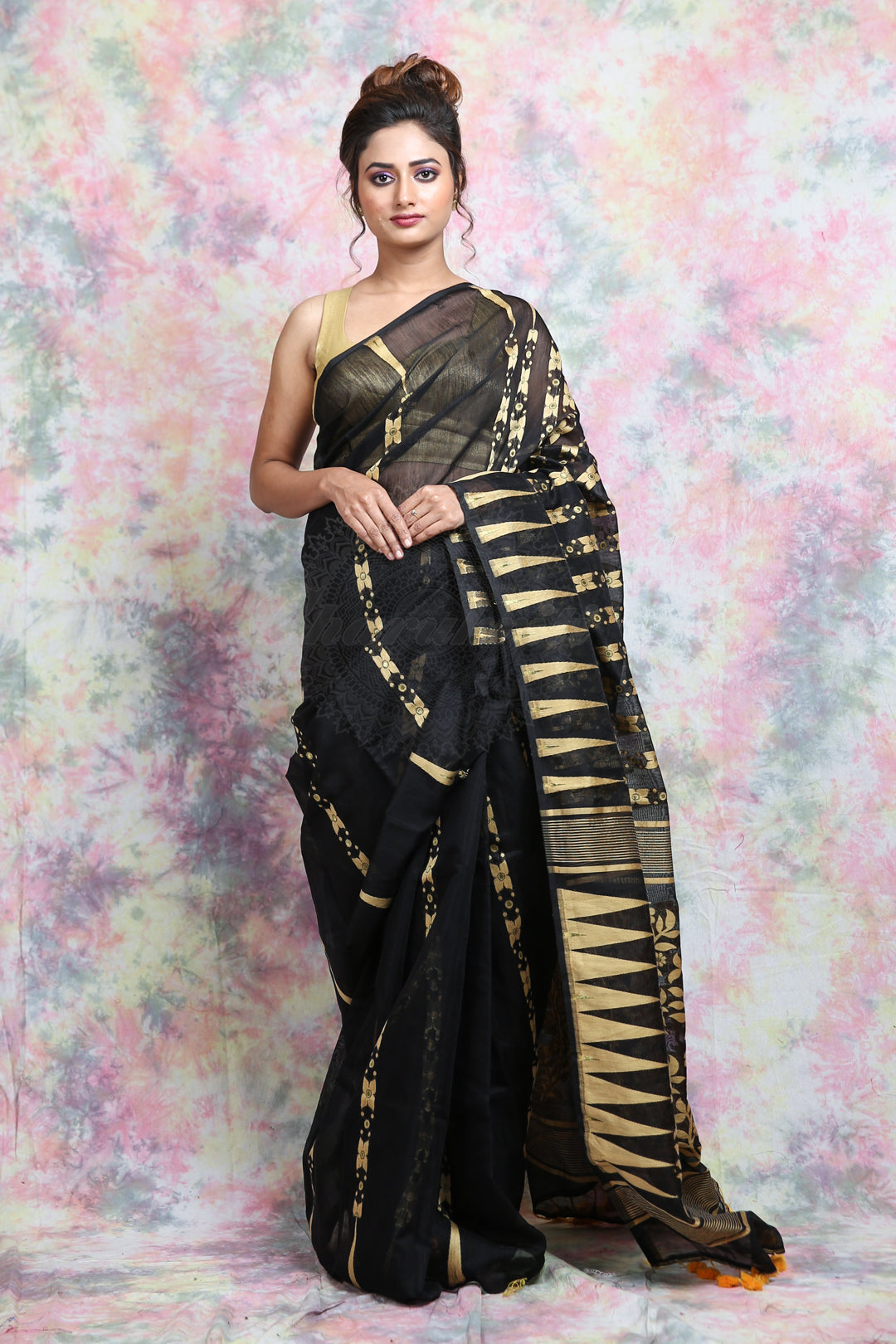 Black Jamdani With Beige Thread Weaving Saree And Jhumka Pompom freeshipping - Charukriti