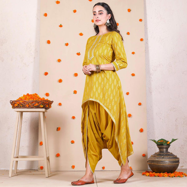 Yellow Gold Printed Dhoti & Asymmetric Kurta Set with Gota Details