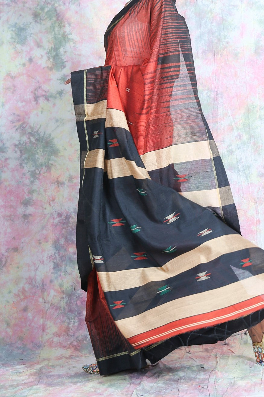 Red & Black Ikkat Style Handloom Saree freeshipping - Charukriti