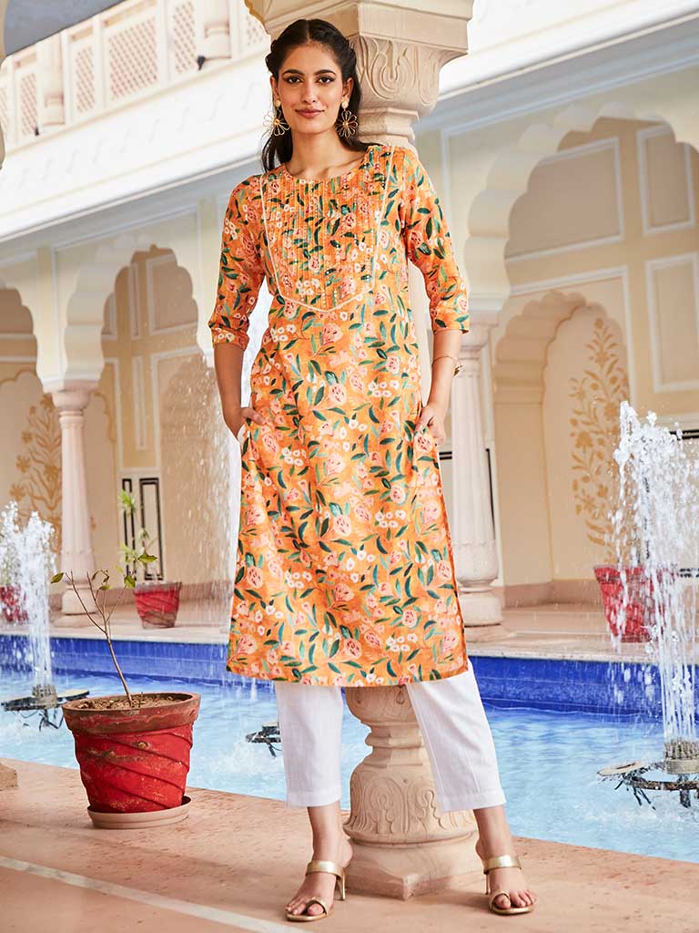 Orange Floral Digital Print Slub Kurta With Pintuck And Sequence Embellished In Yoke And Lace Detailing