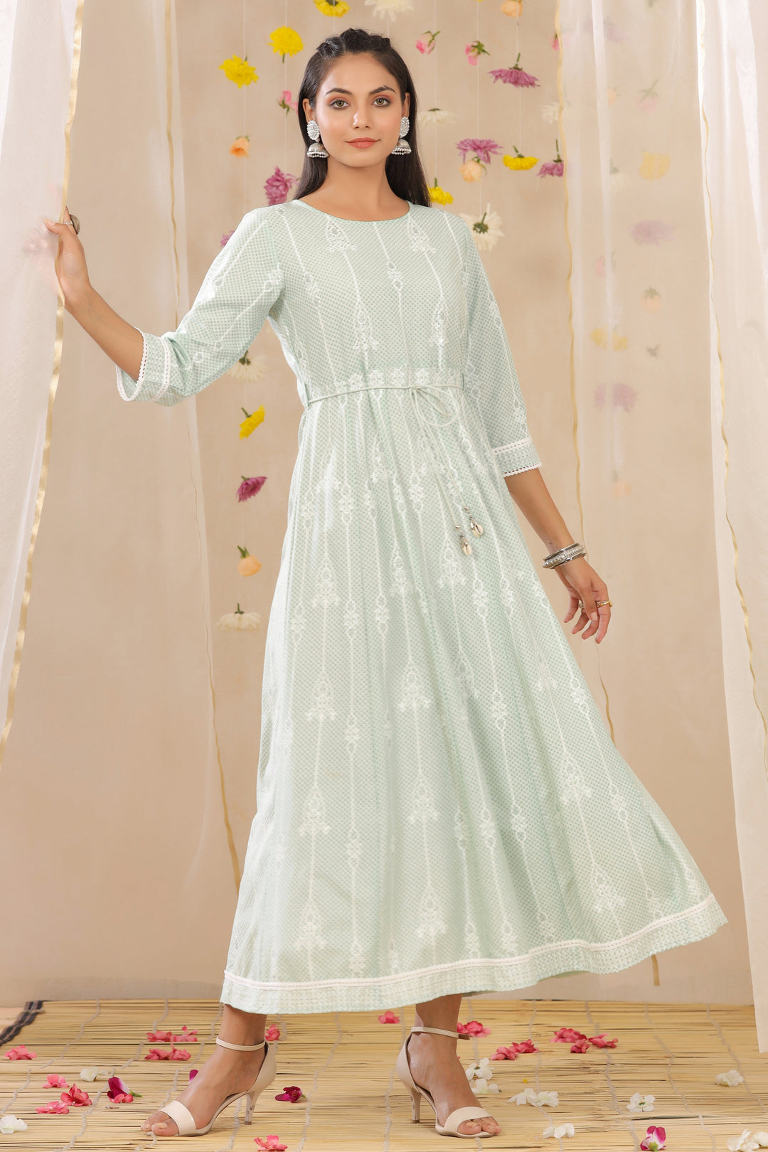 Juniper Mint Liva Rayon Printed Anarkali Dress With Tie-Up Dori
