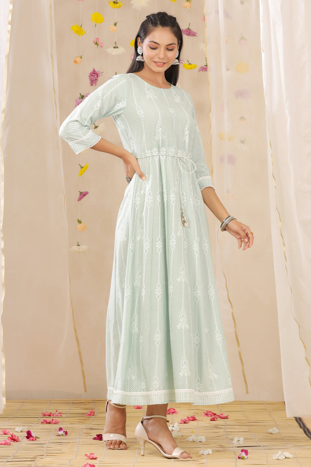 Juniper Mint Liva Rayon Printed Anarkali Dress With Tie-Up Dori