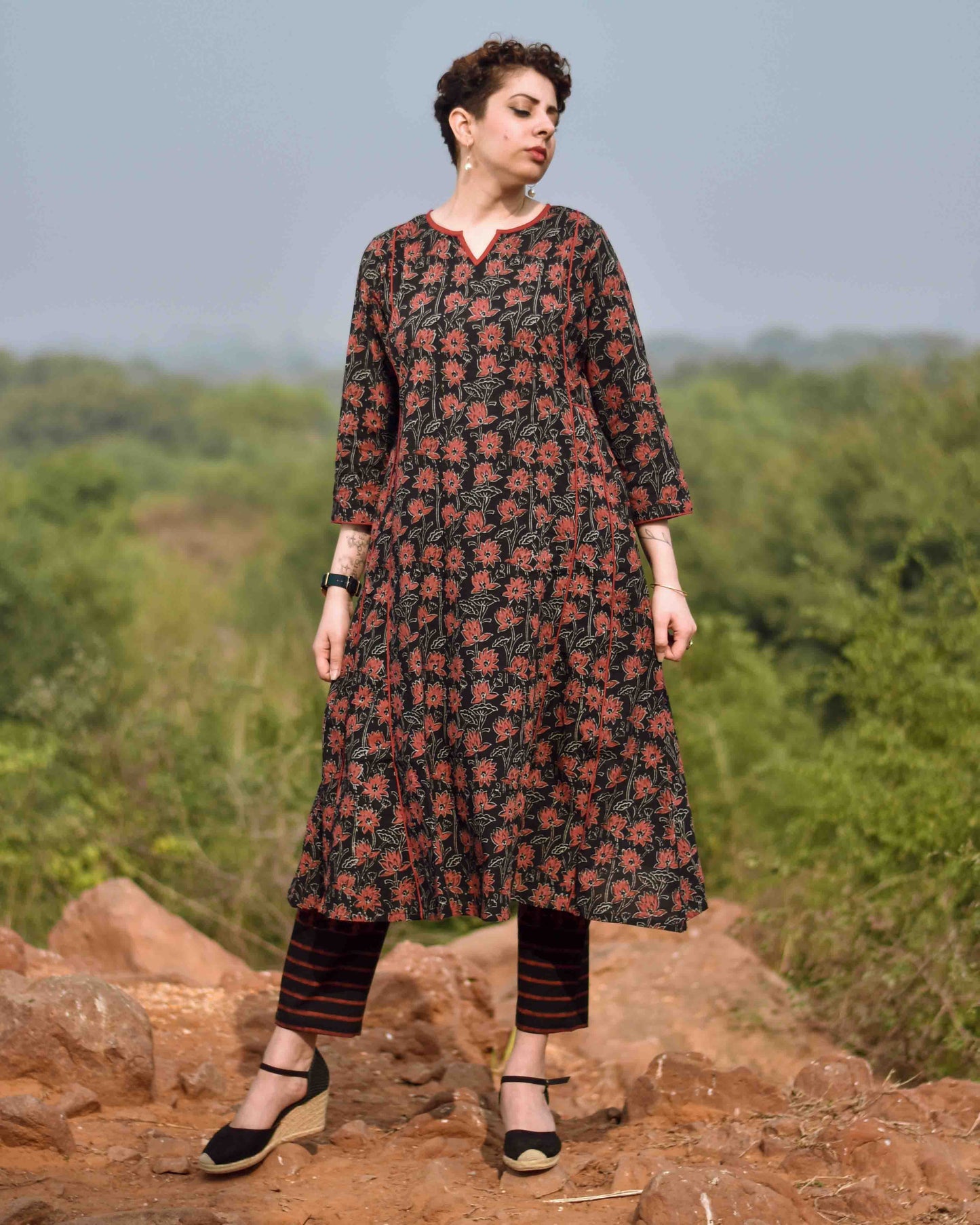 Chidiyaa Twilight Magic Hand Printed Pure Cotton Kurta And Trousers Kohl (Set of 2)