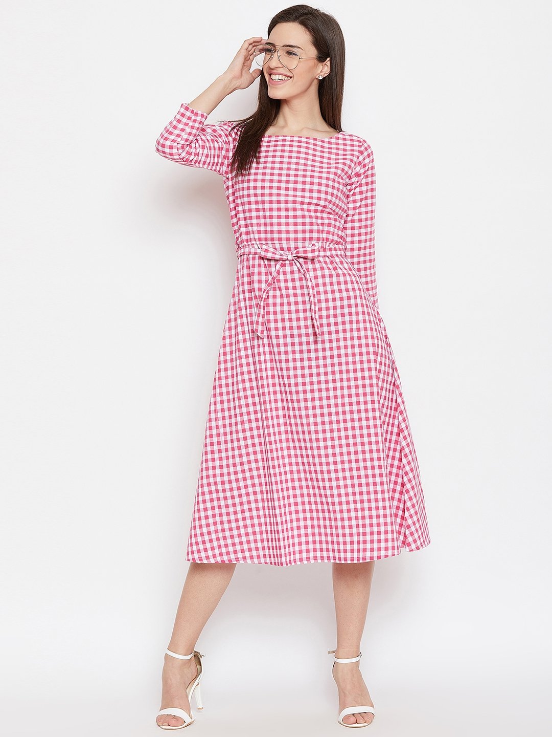 Handloom cotton pink/white check dress with belt-Dresses-Fabnest