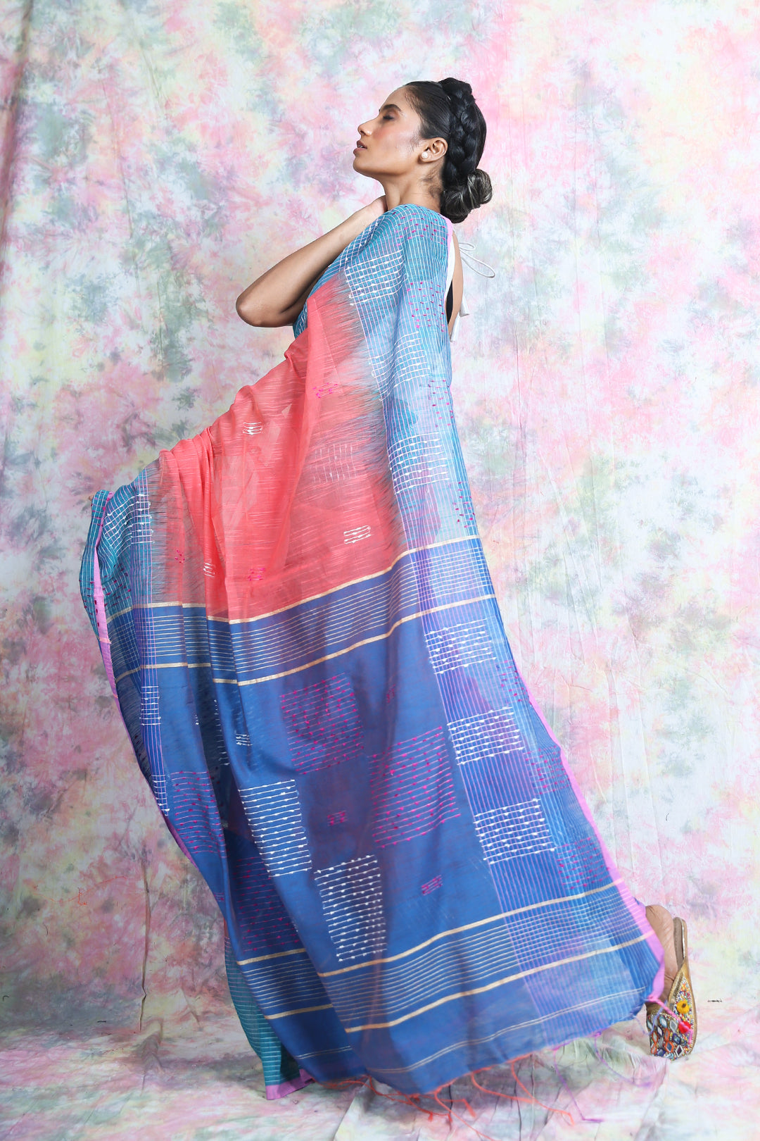 Peach & Light Blue Handloom Saree freeshipping - Charukriti