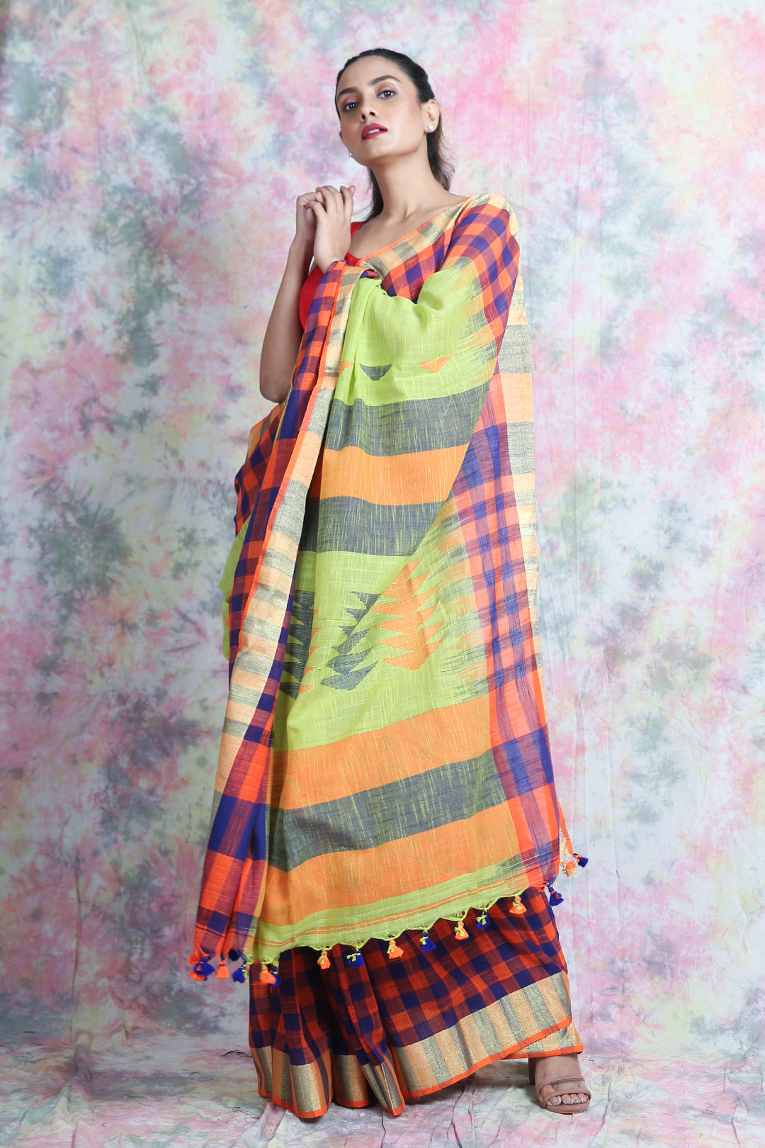 Checkered Design Green Handloom Saree freeshipping - Charukriti