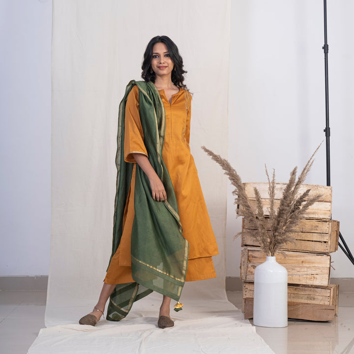 Akiso Gold Round With Front Slit Neck Kurta With Palazzo And Green Dupatta (Set of 3)