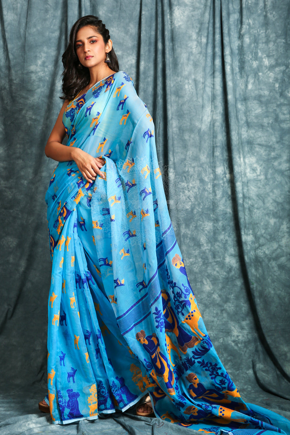 Sky Blue Jamdani With Allover Animal Motive Weaving freeshipping - Charukriti