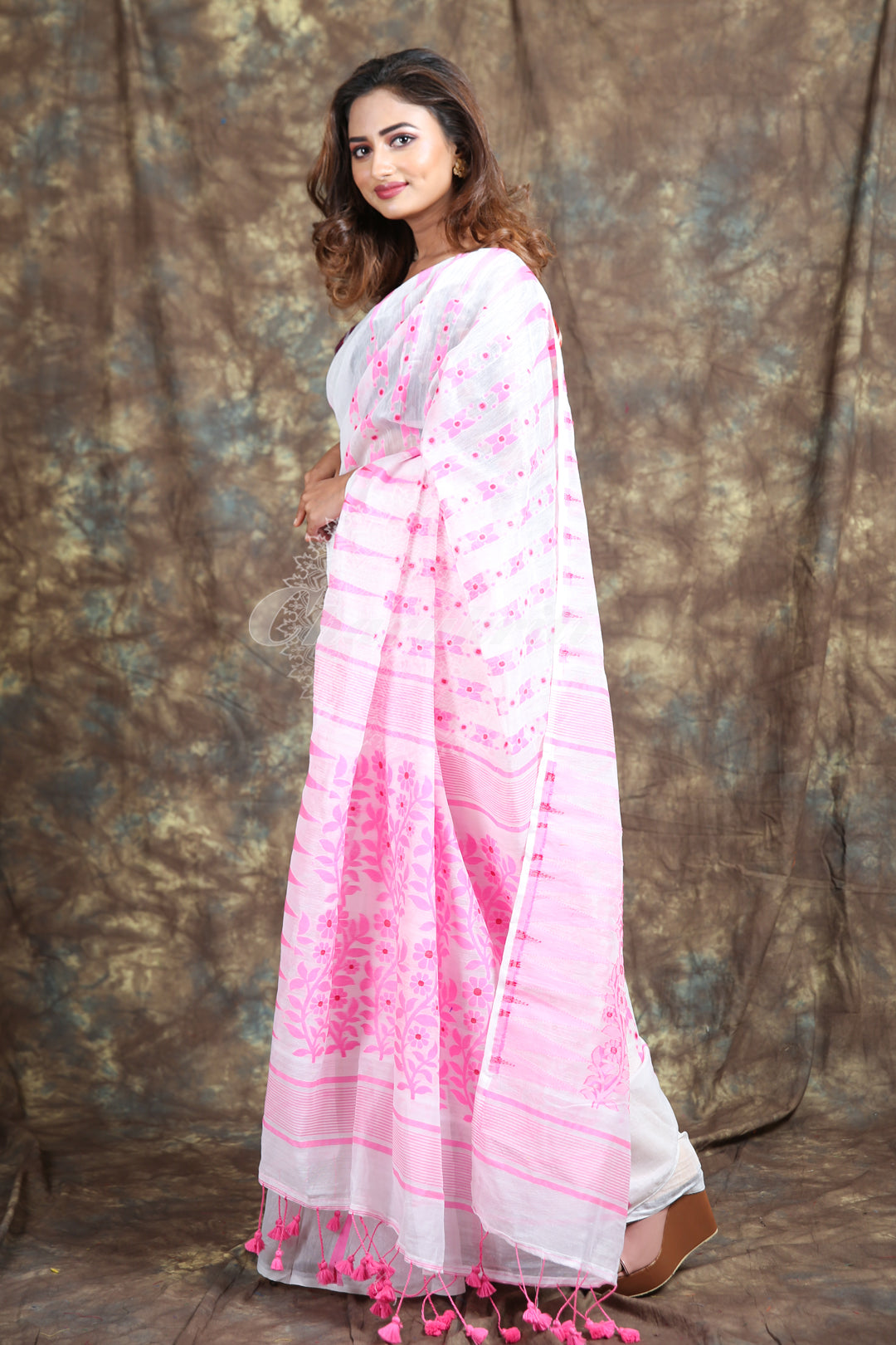 White Jamdani With Pink Thread Weaving Saree And Jhumka Pompom freeshipping - Charukriti