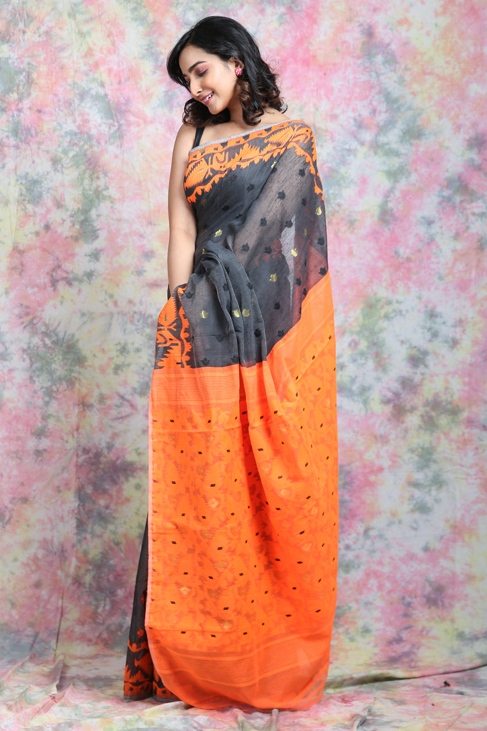 Grey & Orange Allover Butta Weaving Jamdani Saree freeshipping - Charukriti