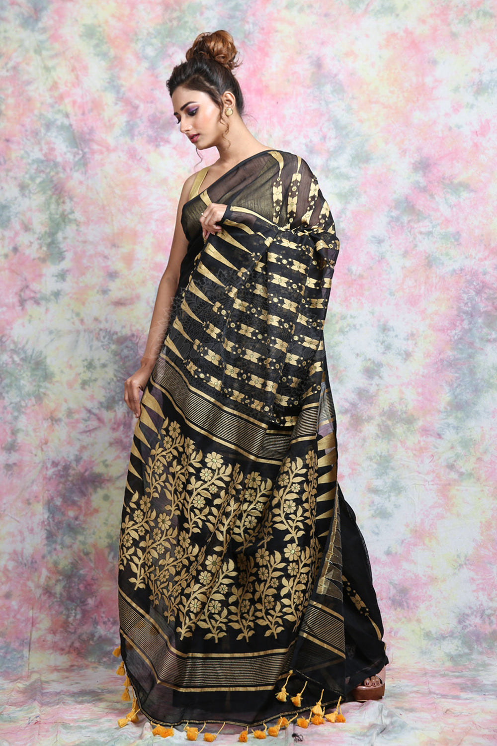 Black Jamdani With Beige Thread Weaving Saree And Jhumka Pompom freeshipping - Charukriti