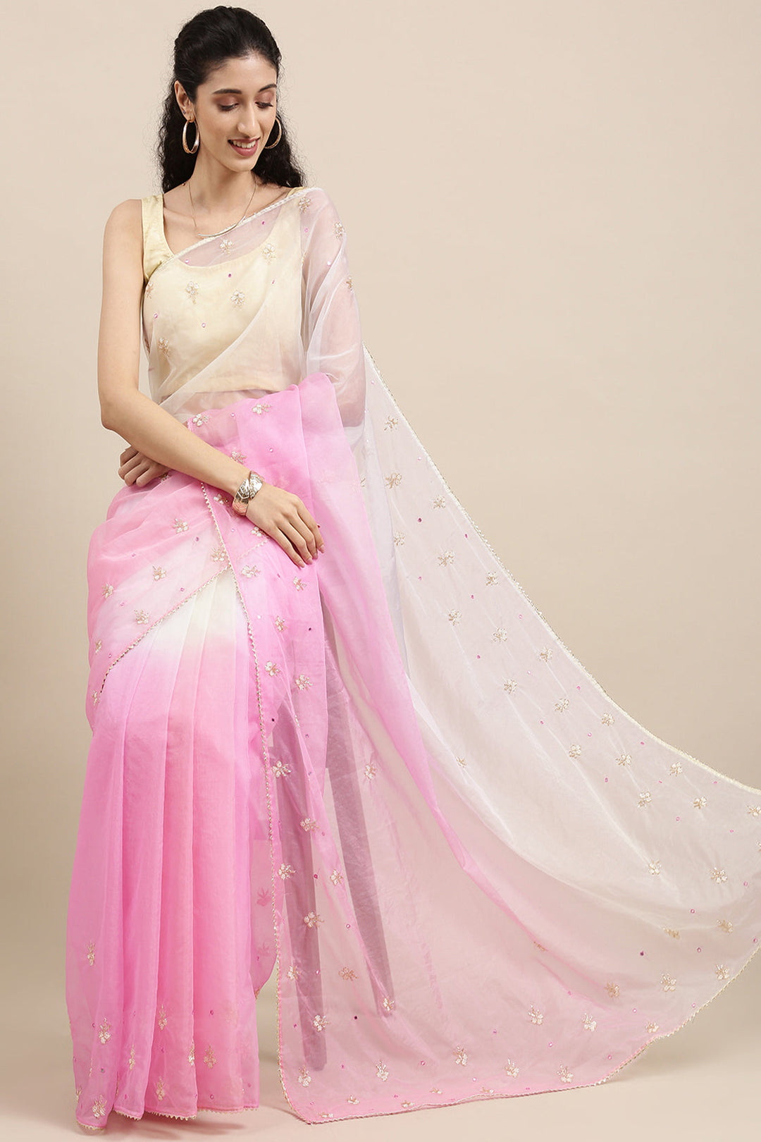 Pink And Off White Shaded Handcrafted Organza Saree