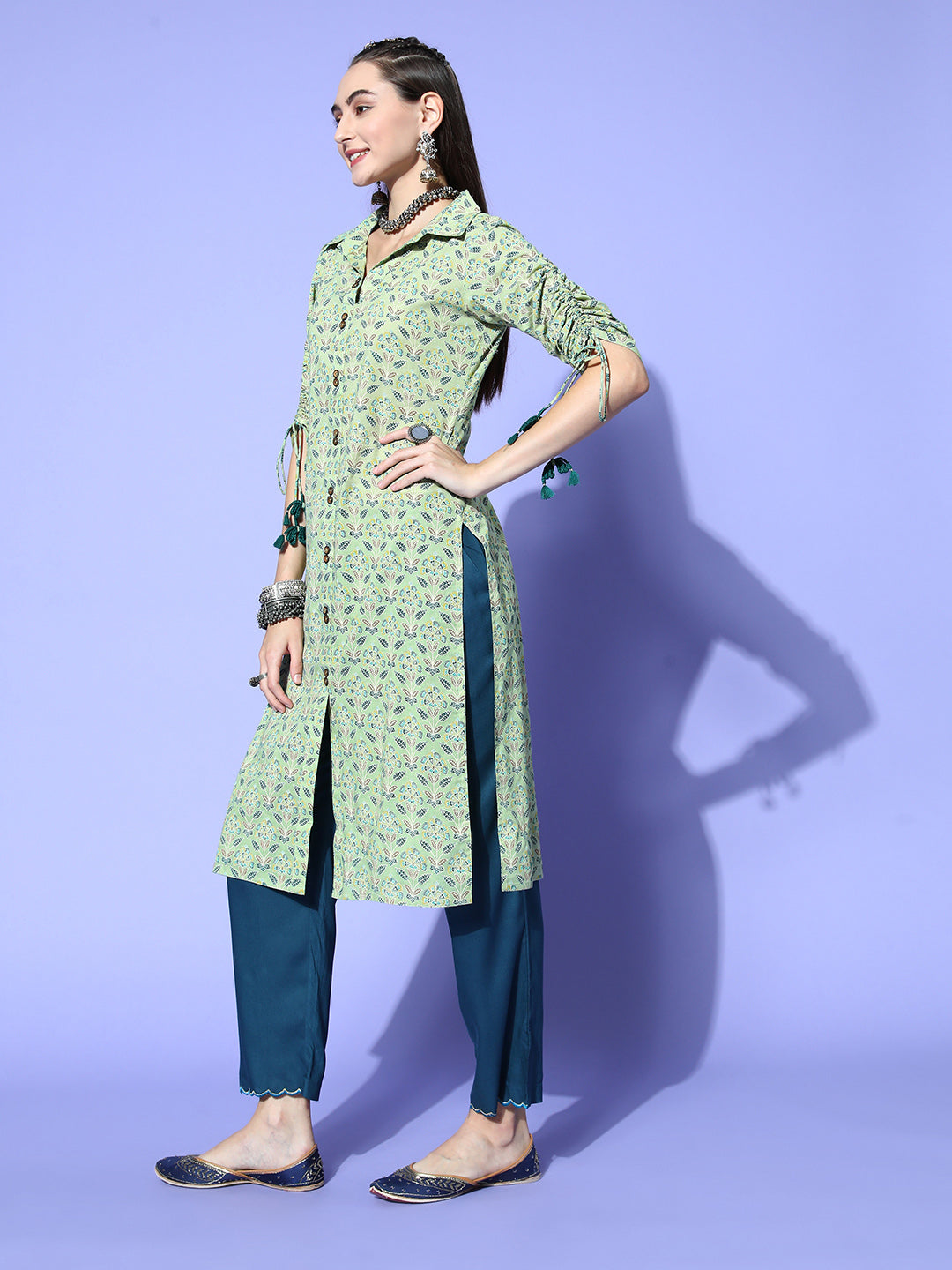 Green Cotton Printed Shirt Style Kurta With Tasseled Three-Fourth Pull Up Sleeves