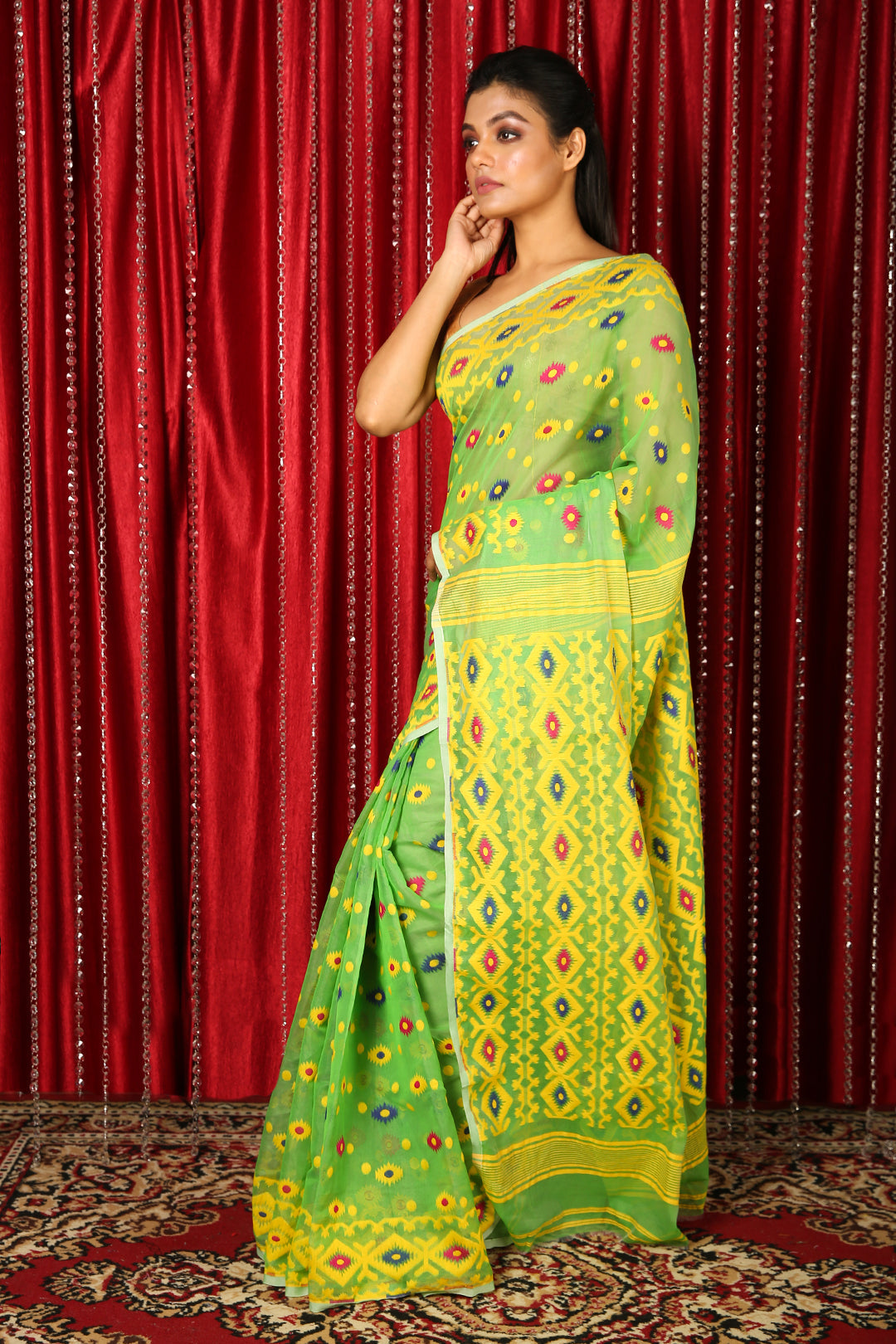 Light Green Jamdani Saree With Thread Weaving freeshipping - Charukriti