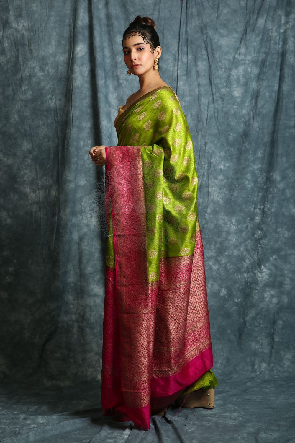 Olive Green & Pink Silk Saree With Copper Zari Weaving freeshipping - Charukriti