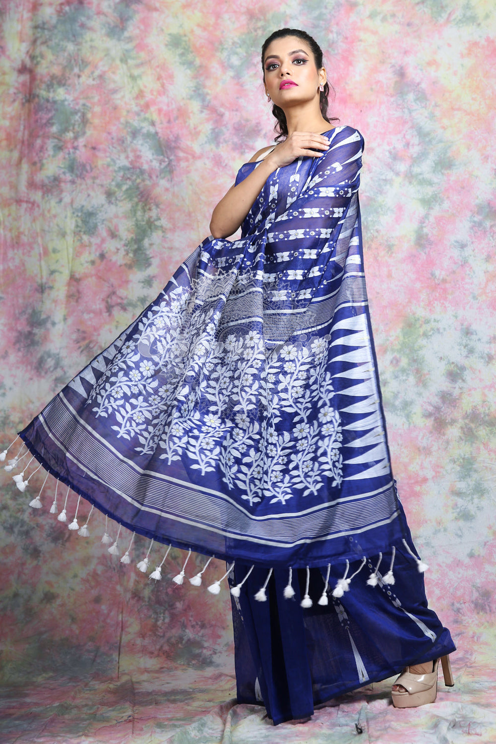 Blue Jamdani With White Thread Weaving Saree And Jhumka Pompom freeshipping - Charukriti