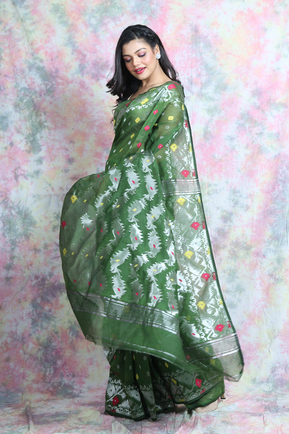 Allover butta Weaving Green Jamdani Saree freeshipping - Charukriti