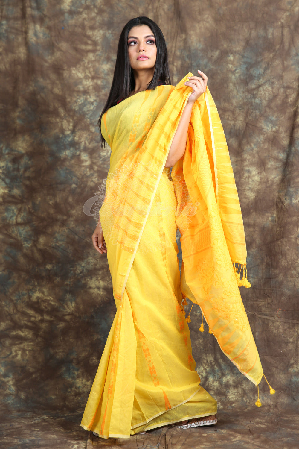 Yellow Jamdani With Thread Weaving Saree And Jhumka Pompom freeshipping - Charukriti