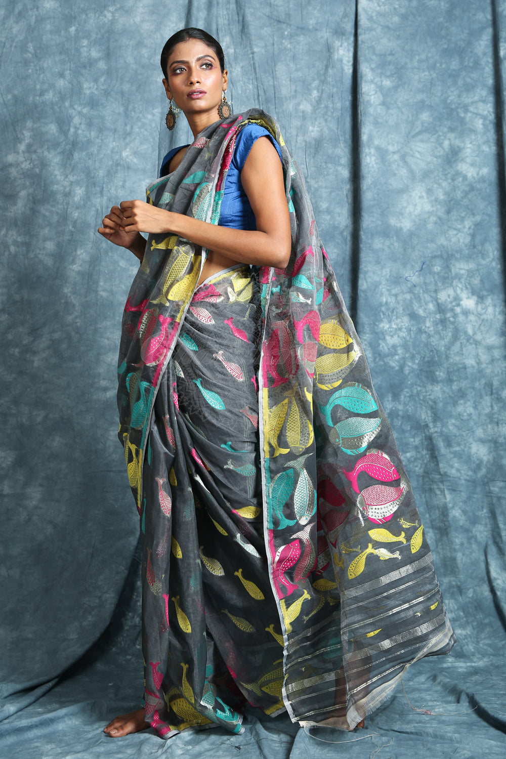 The Grey Color Saree Is Crafted With Multicolor Fish Motif Work All Over The Body And Pallu - Charukriti.co.in