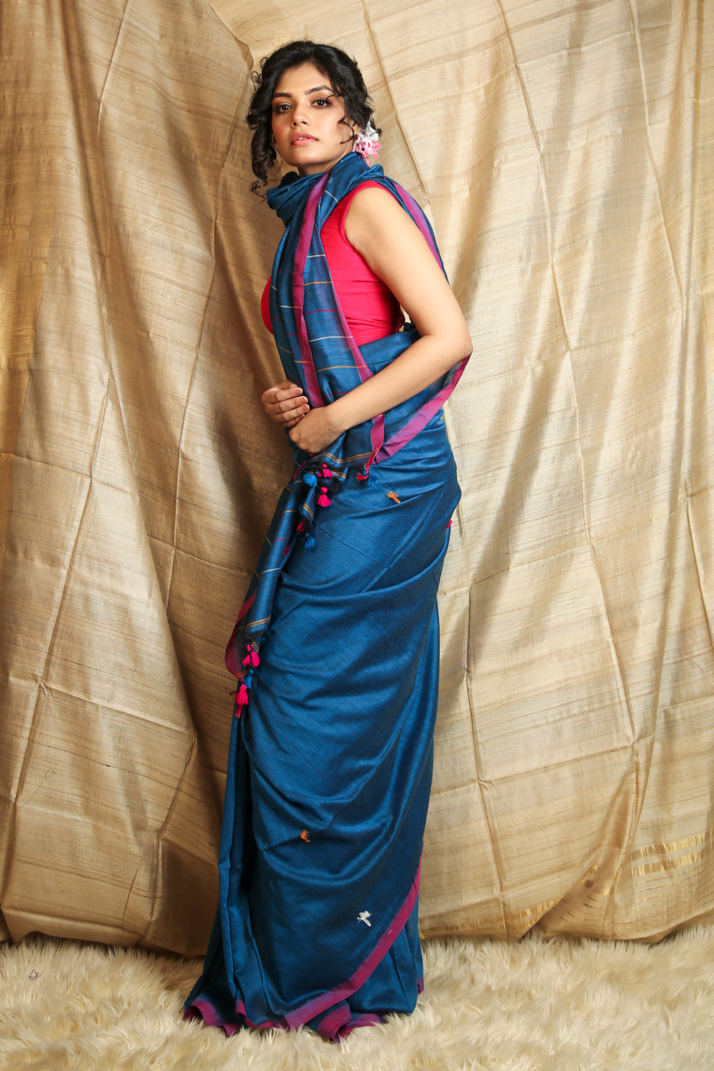 Royal Blue Cotton Handloom With Thread Buti Work freeshipping - Charukriti