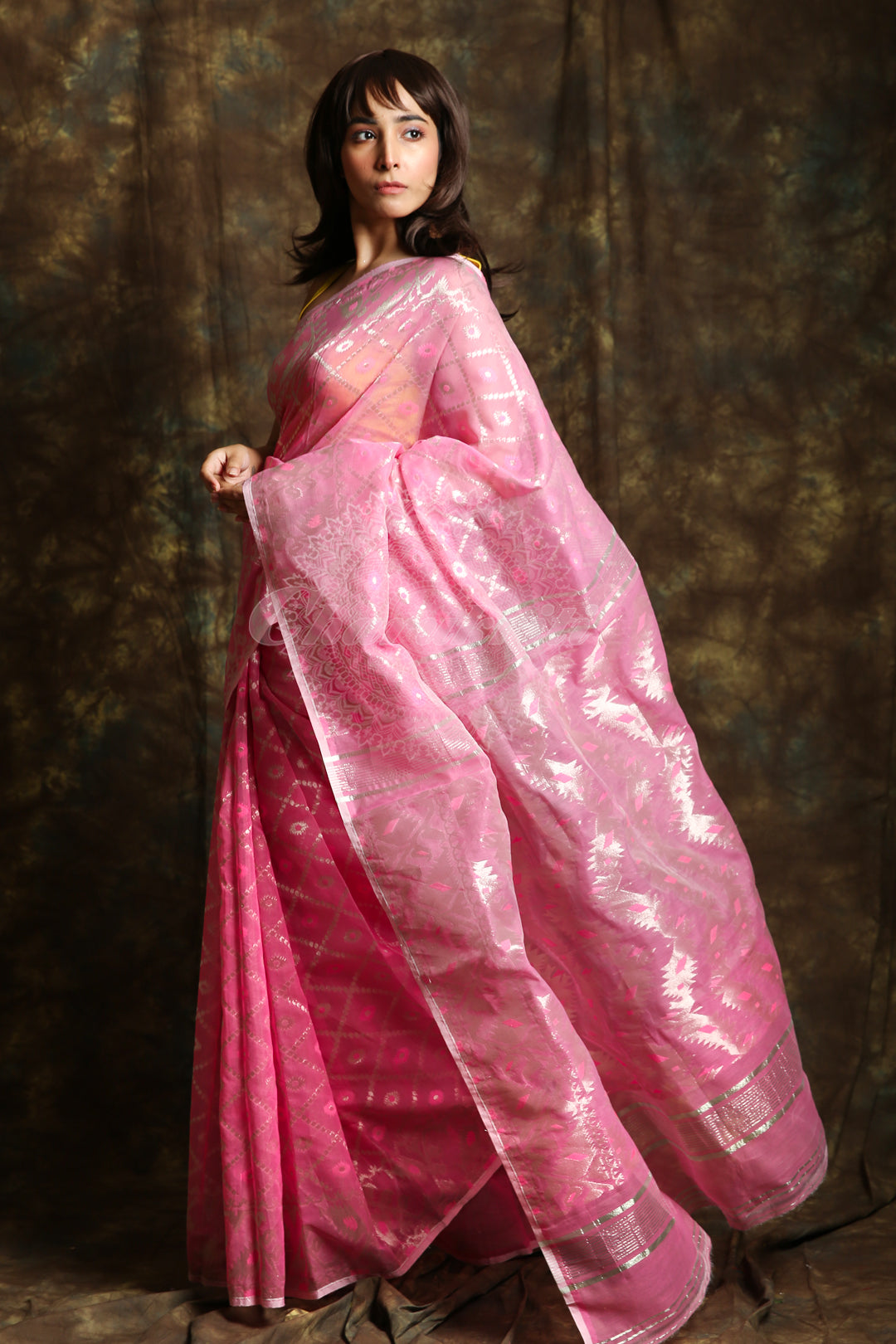 This Baby Pink Jamdani Saree By Charukriti Is Crafted In Cotton And Features Silver Zari Minakari Weaving Details All Over - charukriti.co.in