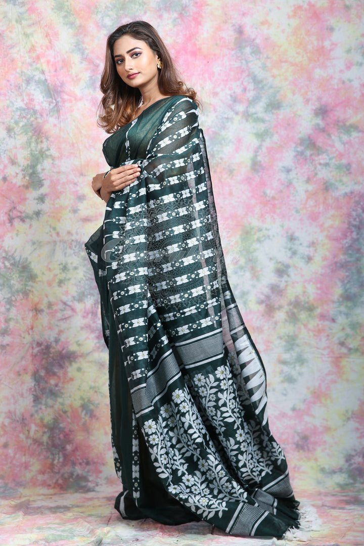 Pine Green Jamdani With White Thread Weaving Saree And Jhumka Pompom freeshipping - Charukriti