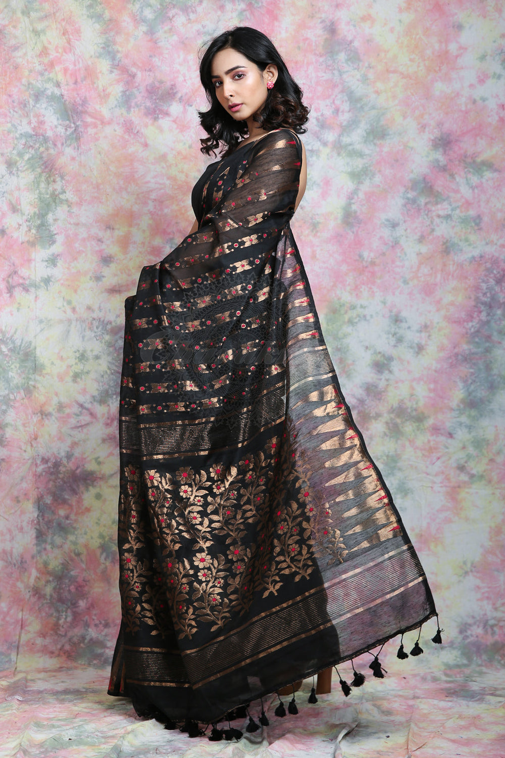 Black Jamdani With Copper Zari Thread Weaving Saree And Jhumka Pompom freeshipping - Charukriti