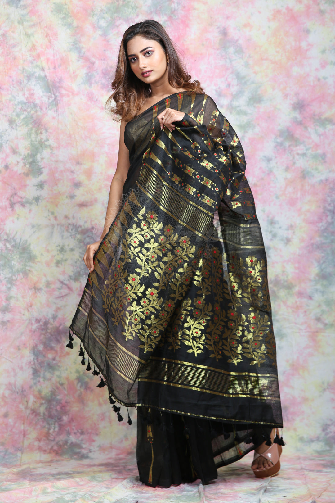 Black Jamdani With Golden Zari Thread Weaving Saree And Jhumka Pompom freeshipping - Charukriti