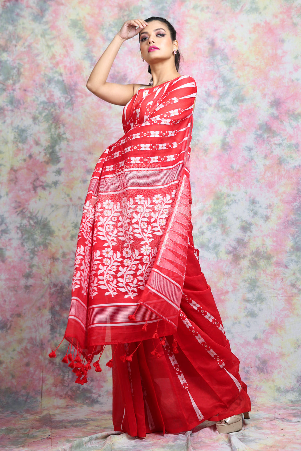 Red Jamdani With White Thread Weaving Saree And Jhumka Pompom freeshipping - Charukriti