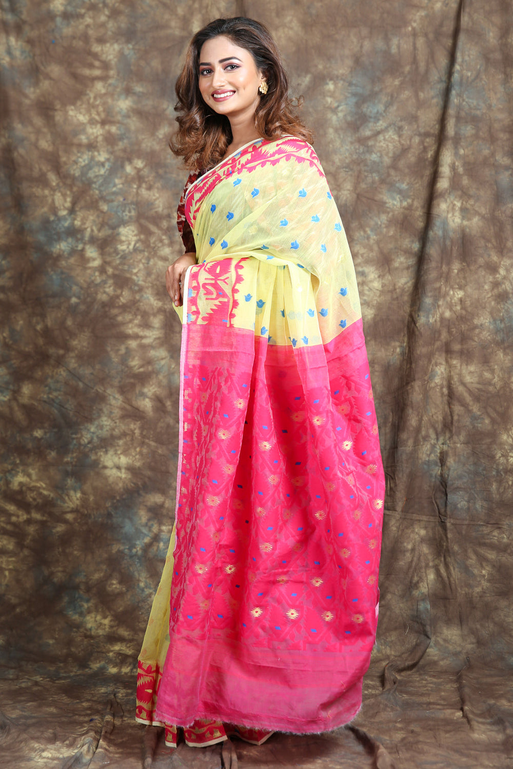 Allover Butta Weaving Yellow Jamdani Saree freeshipping - Charukriti