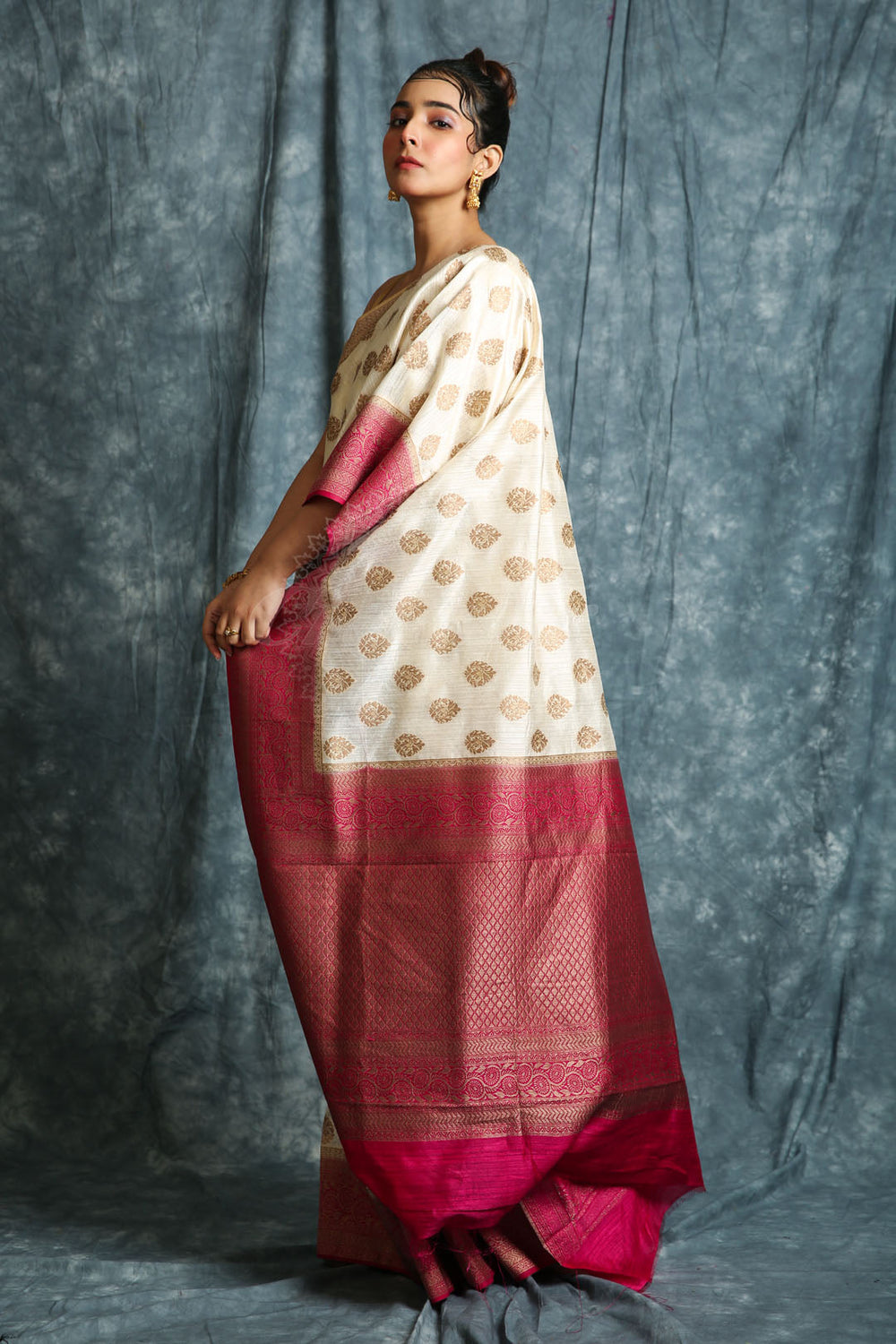 Off-White Silk Saree With Copper Zari Weaving freeshipping - Charukriti