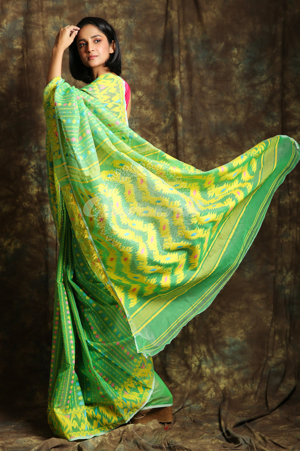 Light Green Jamdani Saree With Allover Minakari Weaving freeshipping - Charukriti