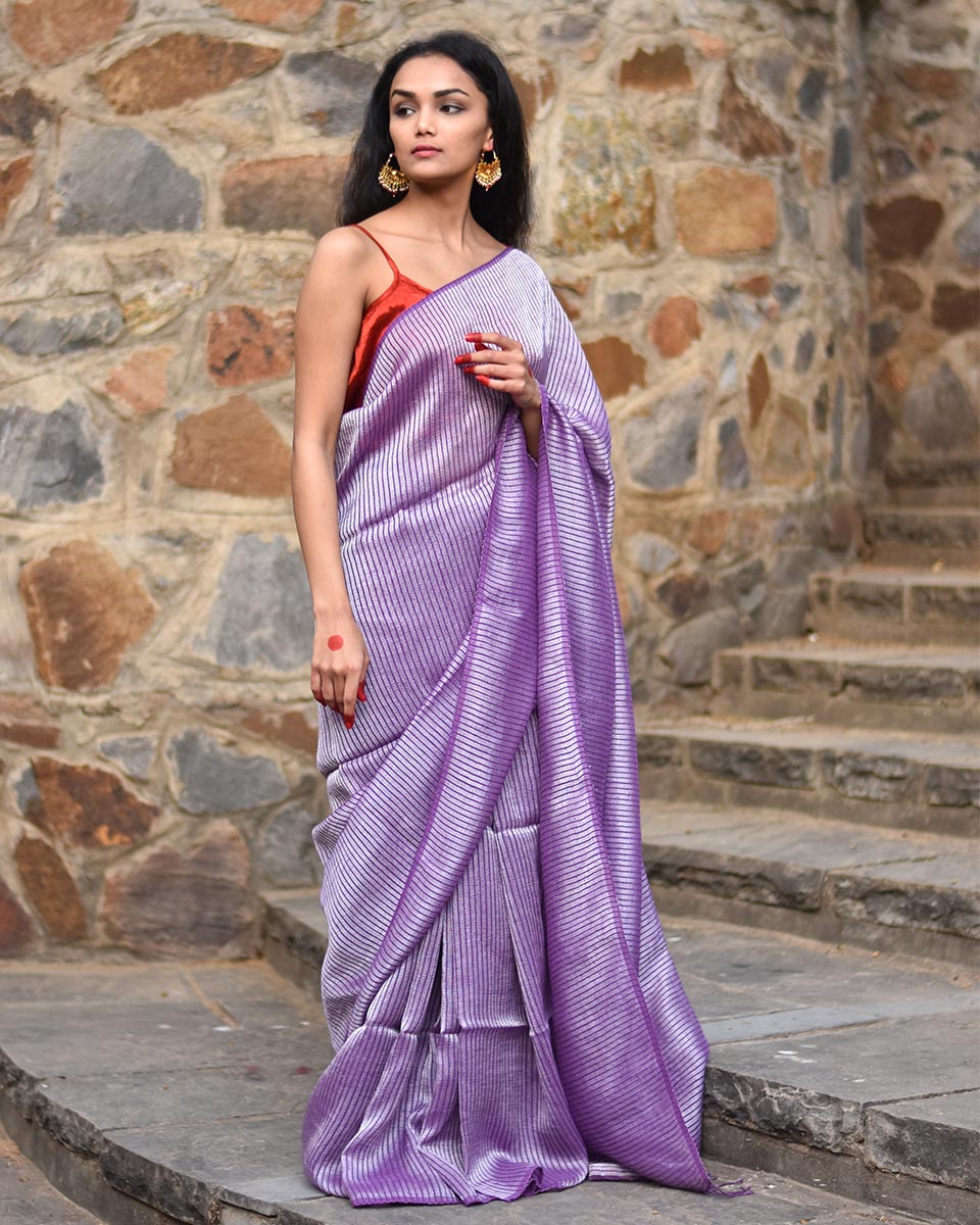 Chidiyaa Aubergine Silver Handwoven Linen Saree