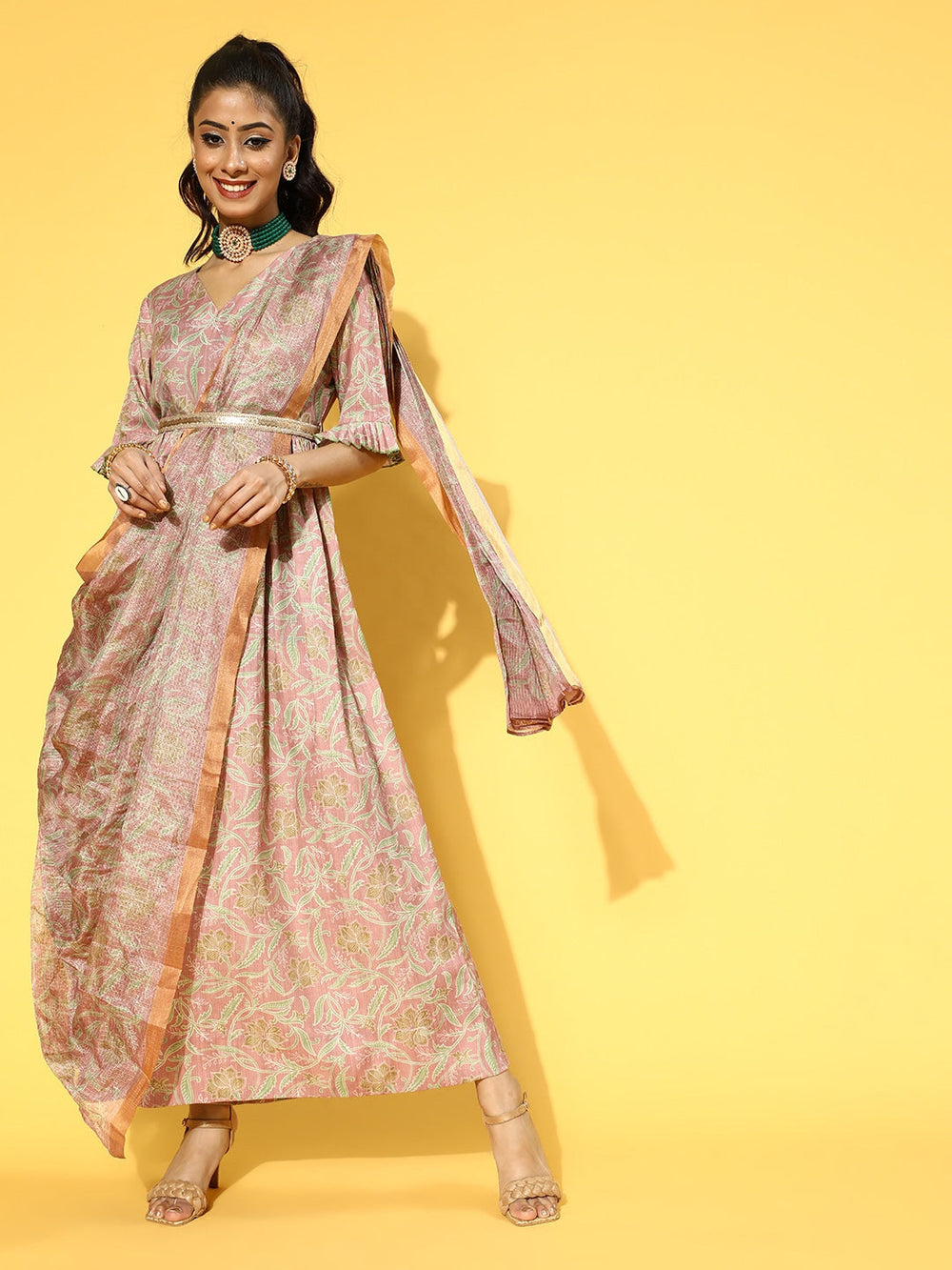 Pink & Green Floral Print Dress with Dupatta Yufta Store