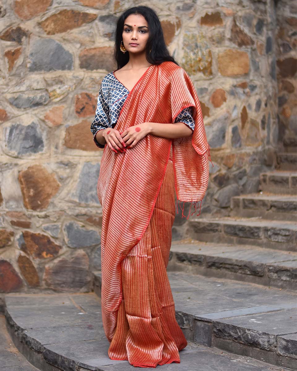 Chidiyaa Red Zari Handwoven Linen Saree