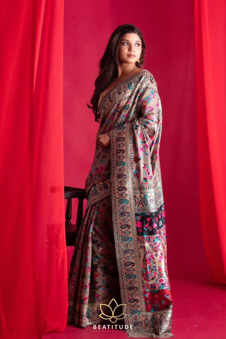 Beatitude Grey Kashmiri Modal Silk Saree with Unstitched Blouse