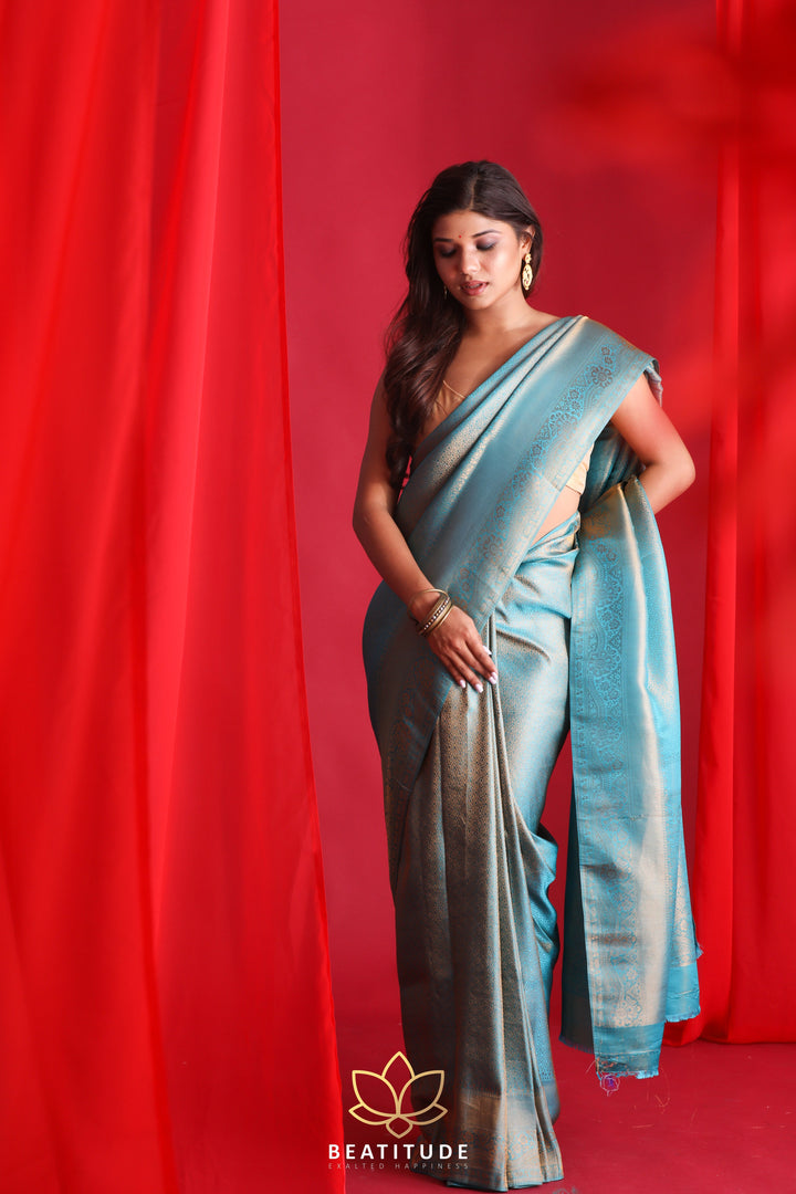 Beatitude Blue Kanjivaram Saree with Unstitched Blouse