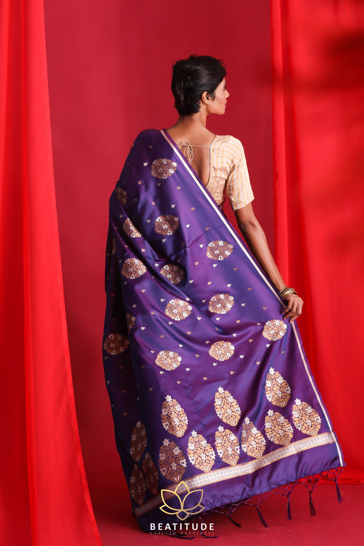 Beatitude Purple Banarasi Saree with Copper Zari Work Unstitched Blouse