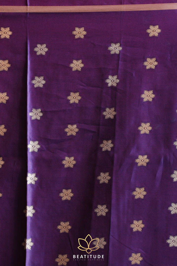 Beatitude Purple Banarasi Saree with Copper Zari Work Unstitched Blouse