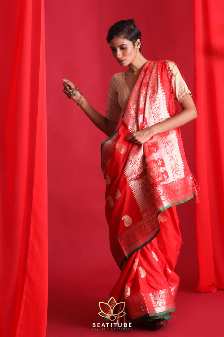 Beatitude Red Banarasi Saree with Unstitched Blouse